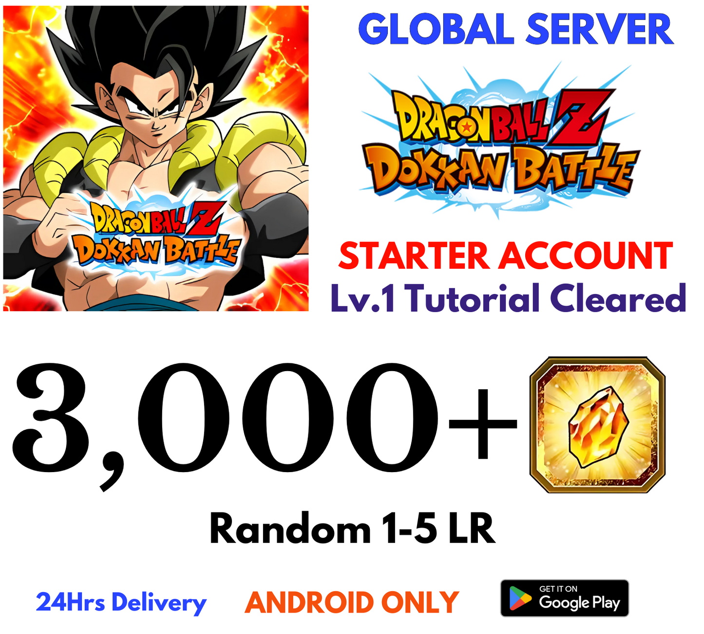 [GLOBAL/Android] 3,000+Gems Dragon Ball Z Dokkan Battle Lv.1 Starter Reroll Account