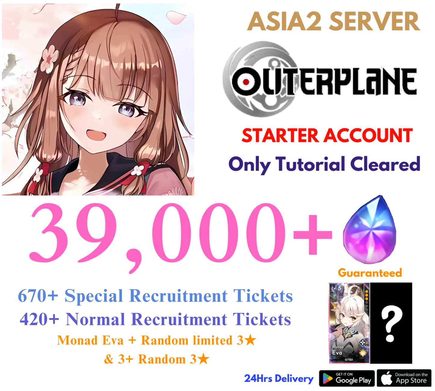 [ASIA2] 39,000+Gems+Monad Eva & Random Limited OUTERPLANE Starter Reroll Account